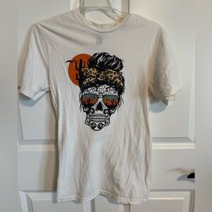 Gildan White Tee with Skull and Leopard Print Design